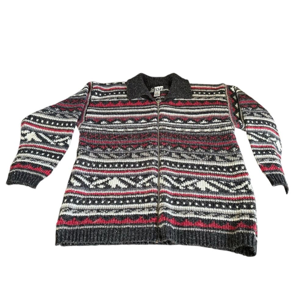 BASH Full Zip Knit Sweater Jacket L Nordic Fair Isle Pattern Gray Red Wool Blend